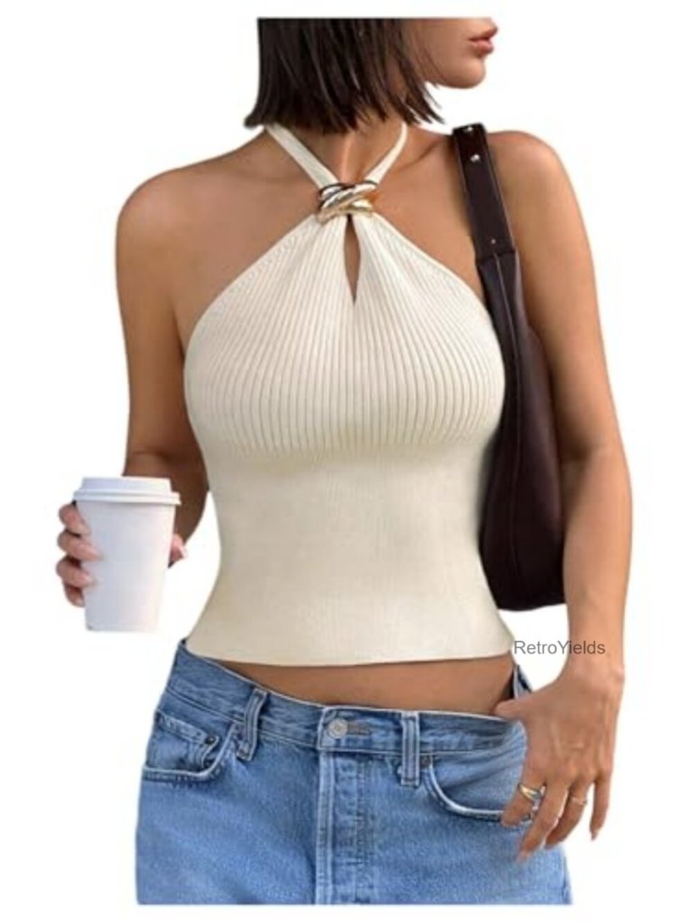 Women's Ribbed Knit Halter Crop Tank Top Sleeveless Racerback Slim Fit Cut Out